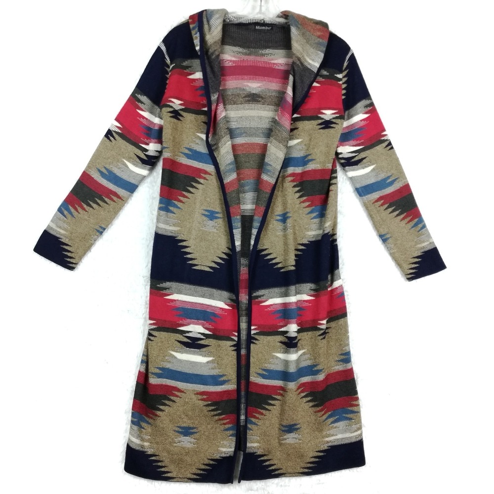 Mambo Womens Cardigan‎ Duster Sweater Aztec Print Hooded Maxi Open Front M